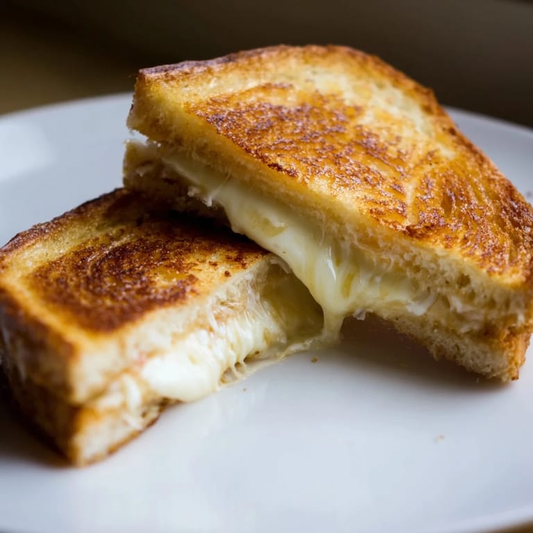 Homemade Three-Cheese Grilled Cheese served beside a red bowl of warm tomato soup on a rustic table.