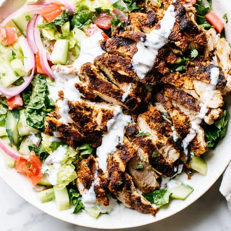 Freshly prepared Chicken Shawarma Salad in a white bowl, featuring juicy grilled chicken, crisp veggies, and a tangy yogurt sauce, ideal for a quick lunch.