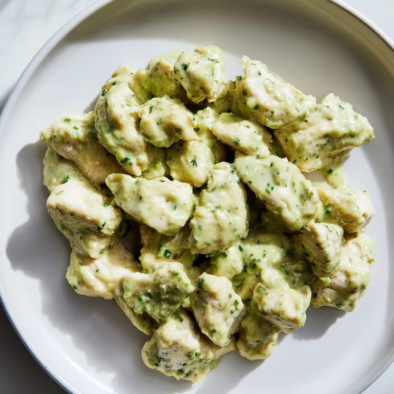 A bowl of avocado ranch chicken salad featuring juicy chicken, greens, and vegetables tossed in a creamy dressing.
