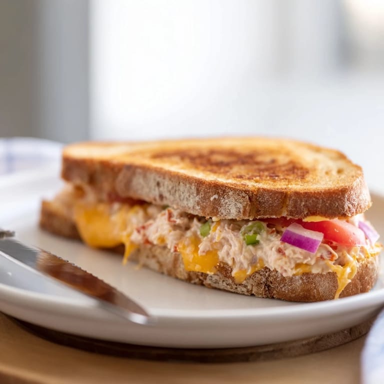 Toasted Spicy Tuna Melt halves on a white plate, showing gooey cheese pull and vibrant red tomato inside.