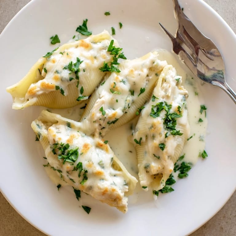A serving spoon lifts a cheesy Chicken Alfredo Stuffed Shell revealing rich filling.