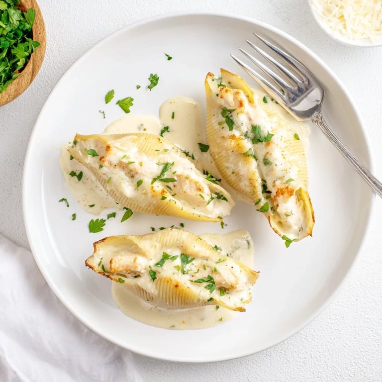 Freshly garnished Chicken Alfredo Stuffed Shells on a plate with a side salad.