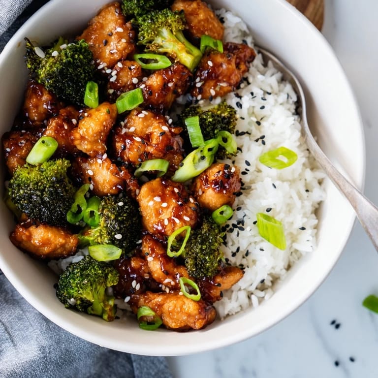 Close-up photo of Sweet Chili Chicken Bowl showing fluffy jasmine rice topped with aromatic chicken and vibrant broccoli for a wholesome meal.