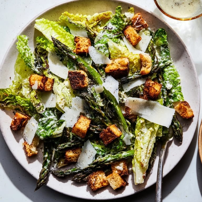 The charred tips of the asparagus add texture to this colorful Roasted Asparagus Caesar Salad served in a rustic white bowl.