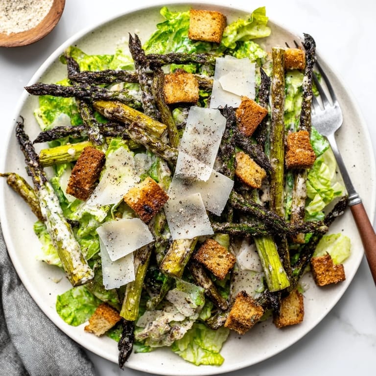 Homemade croutons and fresh lemon wedges garnish this vibrant Roasted Asparagus Caesar Salad, ready for a healthy lunch.  