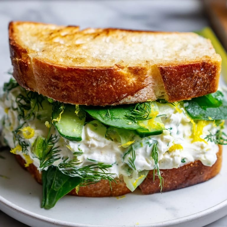A close-up of the Whipped Feta Spring Grilled Cheese reveals a crisp crust and melty, herb-infused center, perfect for a quick lunch.  