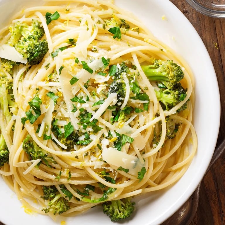 Steam rises from the One-Pot Lemon Broccoli Pasta as it's served with a lemon wedge and grated cheese.  
