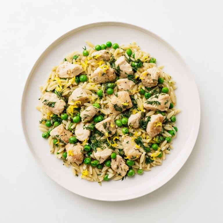 Golden brown chicken thighs simmer with orzo pasta in a zesty lemon sauce, served warm from the skillet.