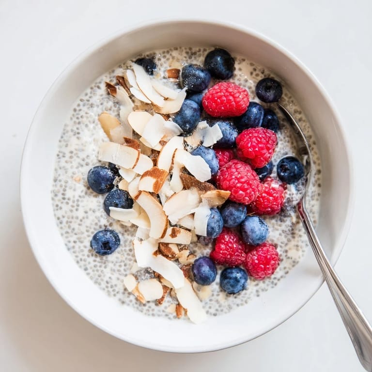A close-up of chilled Poppy Seed Chia Pudding garnished with shredded coconut and a drizzle of maple syrup.