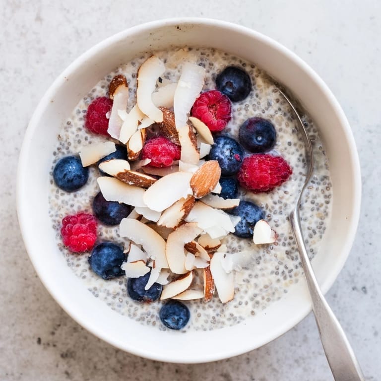 Overhead view of Poppy Seed Chia Pudding in small bowls, served with colorful berries for a healthy breakfast.
