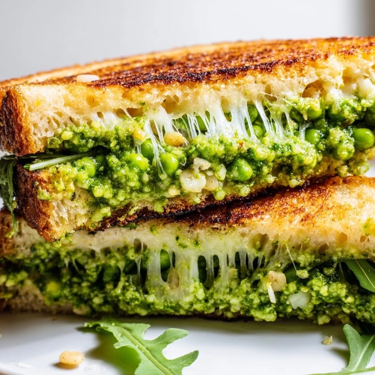 A close-up of the vegetarian Spring Pea Pesto Grilled Cheese reveals vibrant green pesto and gooey cheese.
