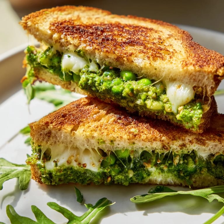 Serve this easy 25-minute Spring Pea Pesto Grilled Cheese with a side of arugula for a fresh bite.