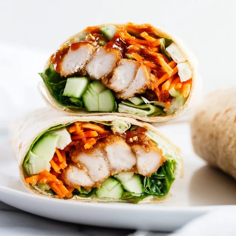 Soft tortilla wrapped around tender chicken tossed in honey chili sauce, crunchy carrots, and scallions, ready to be enjoyed fresh or on the go.