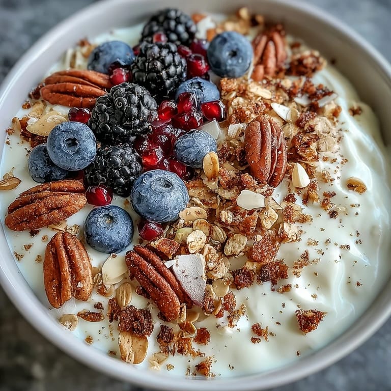 Cozy breakfast bowl featuring winter berries, crunchy spiced topping, and creamy yogurt.