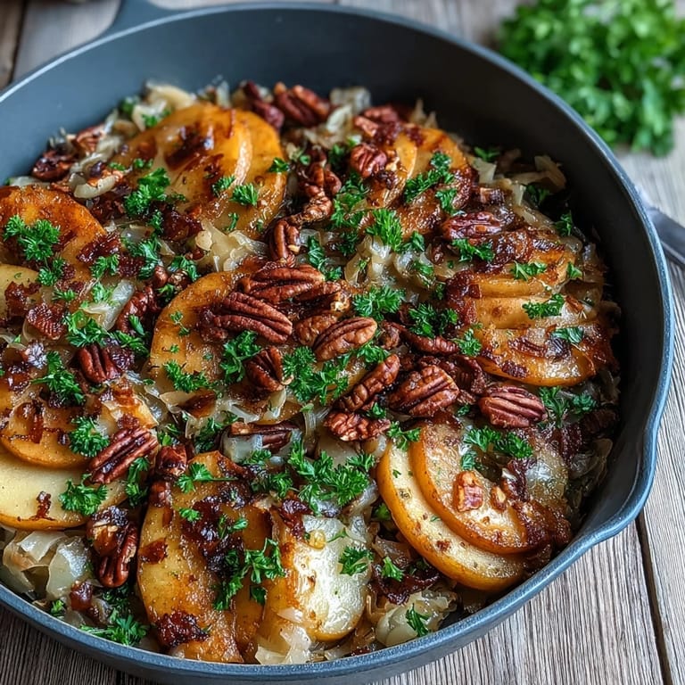 Savory warm apple and sauerkraut salad glistening in a skillet, ready to serve.