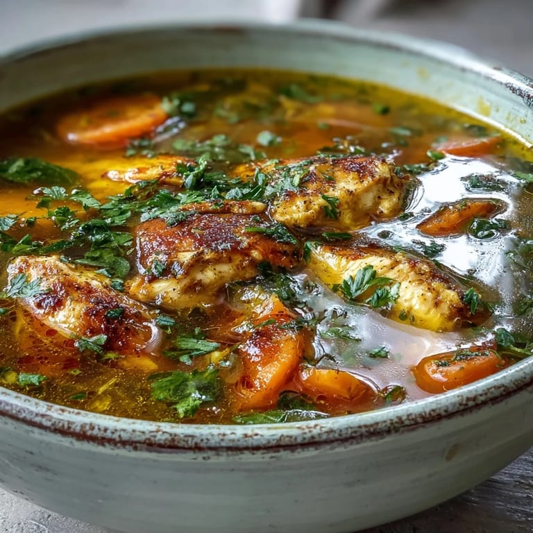 A close-up of fragrant turmeric chicken soup with tender chicken and bright lemon.