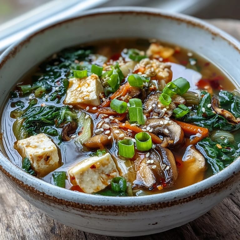 Umami-rich ginger-miso soup garnished with sesame seeds and scallions.
