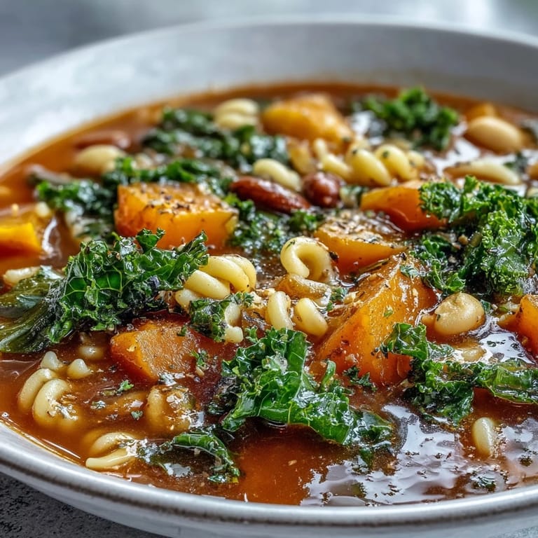 Steaming Winter Minestrone Soup With Butternut Squash and Kale served in a rustic bowl with crusty bread on the side.