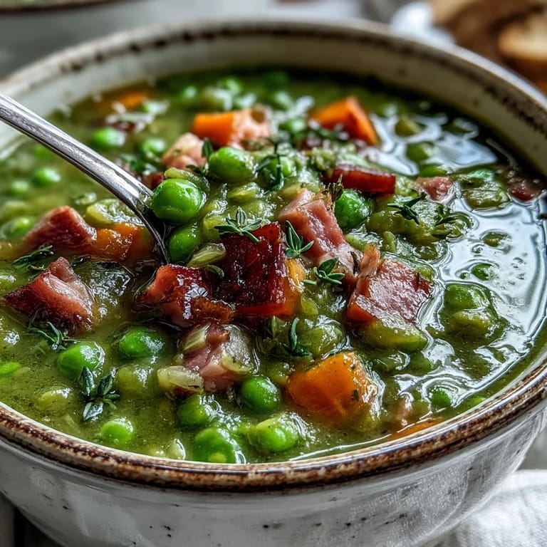 Creamy Split Pea and Ham Soup garnished with fresh thyme and a side of crusty bread.