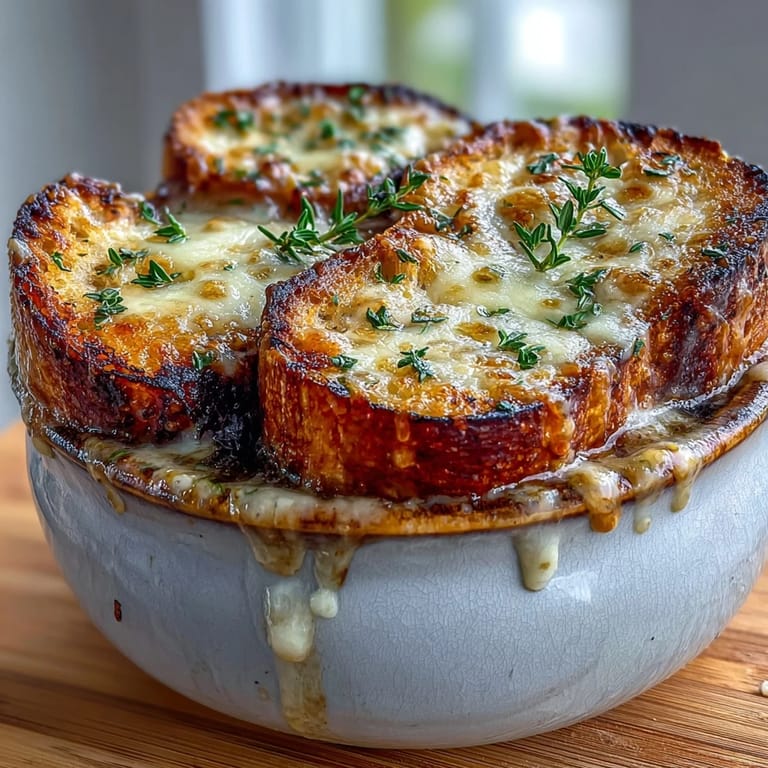 An oven-safe bowl of rustic Dutch Oven French Onion Soup, served with a side salad and crisp white wine, perfect for cozy weeknight dinners.