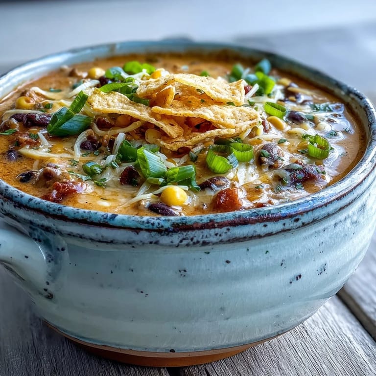 Steam rising from a ladle of Creamy Taco Soup, featuring diced bell peppers and tomatoes in a rich, creamy broth, ready to be topped with sour cream for a hearty meal.
