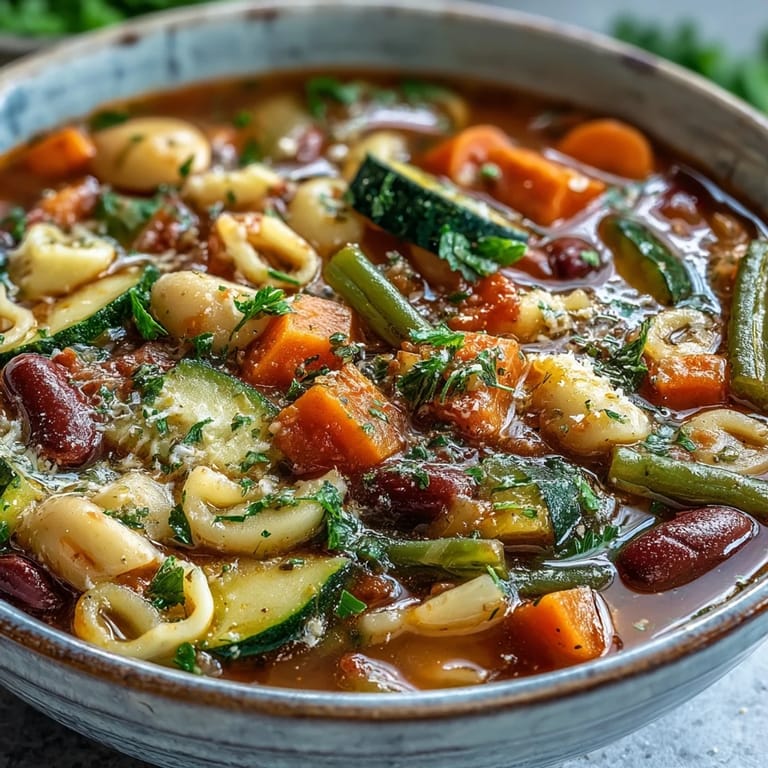 Hearty vegetarian Minestrone Soup topped with fresh parsley and Parmesan, served alongside crusty artisan bread for dipping.