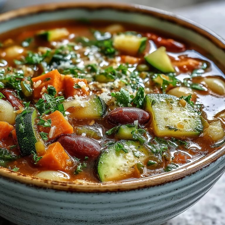 Vibrant homemade Minestrone Soup featuring colorful diced vegetables and kidney beans, finished with a drizzle of olive oil.
