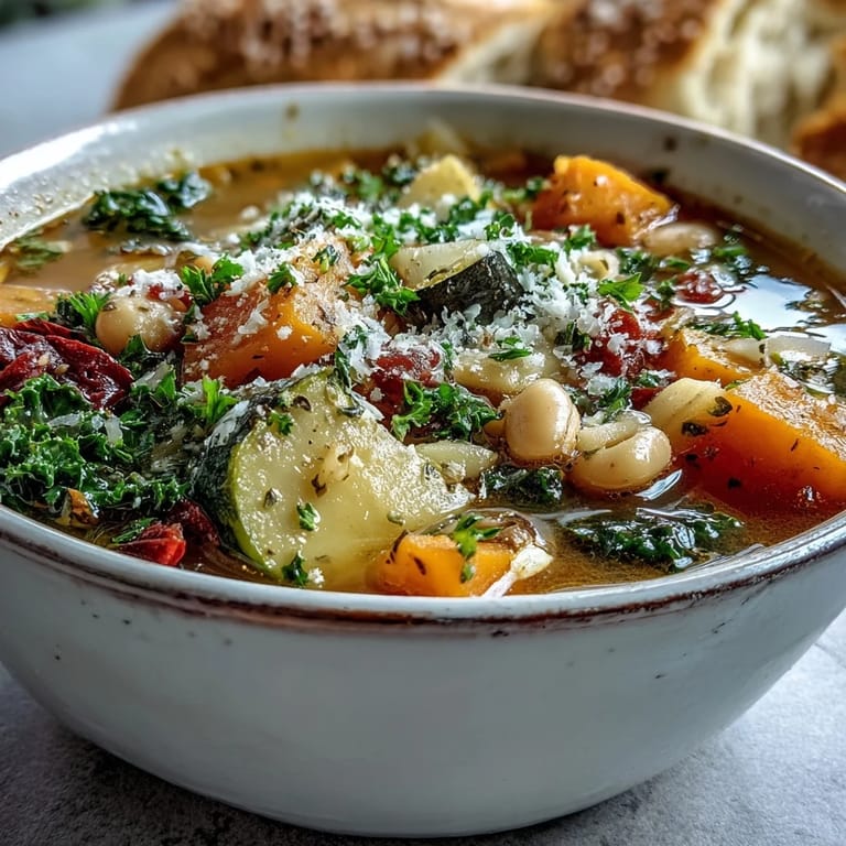 Colorful Winter Minestrone Soup simmering in a pot, packed with fresh zucchini, carrots, and white beans.