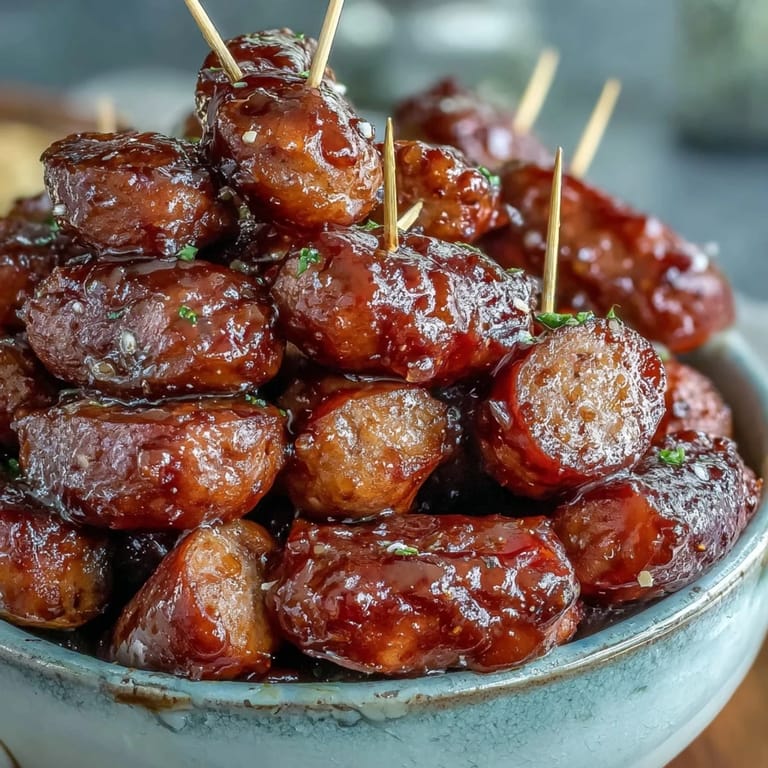 Golden sausages and glossy barbecue sauce bubbling in the crock pot, ready to serve with toothpicks and pickles at a party.