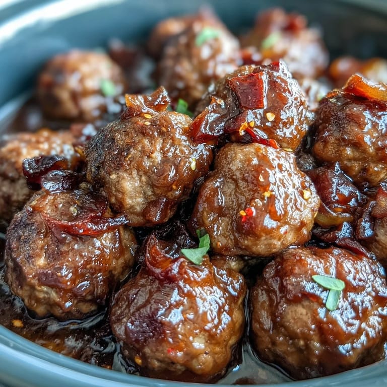 Slow Cooker Peach Glazed Meatballs stacked on a white plate, garnished with parsley, ready to serve over fluffy steamed rice.