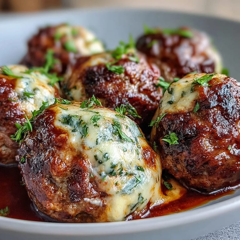 A close-up of Cheesy Garlicky Meatballs With Marinara topped with melted cheese and fresh basil on a wooden table.