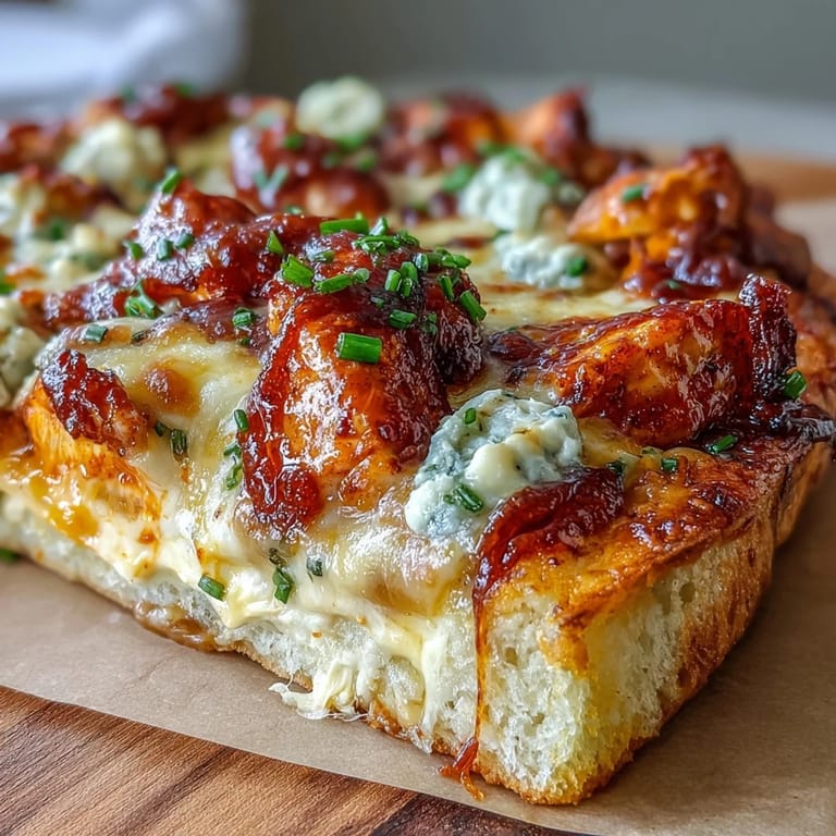 Spicy buffalo chicken and blue cheese crumbles top a bubbling, cheesy Buffalo Chicken Pizza slice.