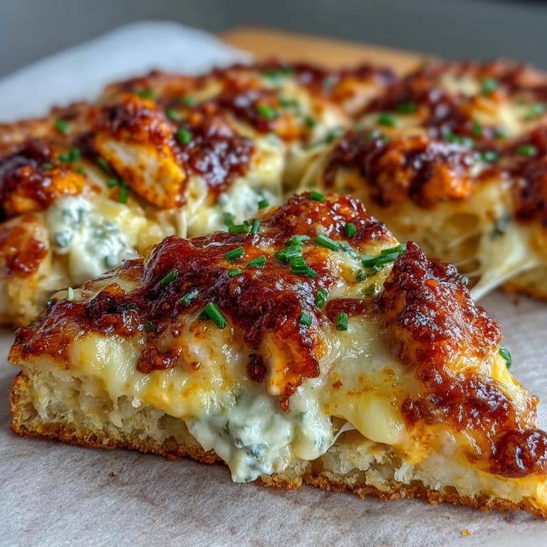 Sliced Buffalo Chicken Pizza served with celery sticks and a drizzle of extra hot sauce.