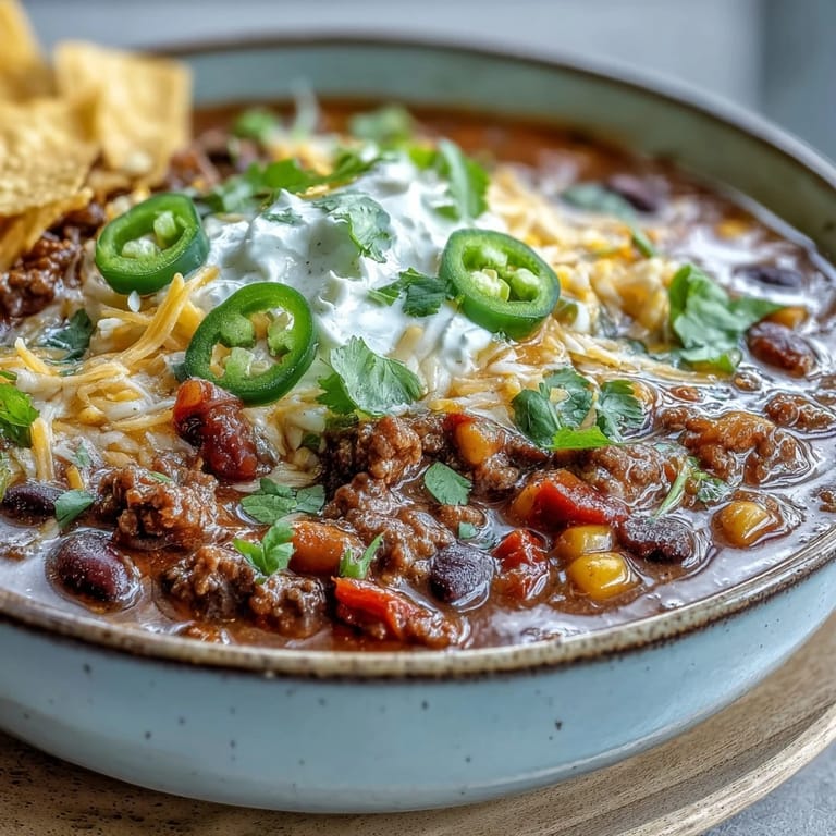 Spicy Taco Soup simmering in a pot featuring seasoned ground beef, kidney beans, corn, and diced tomatoes creating a rich red broth.