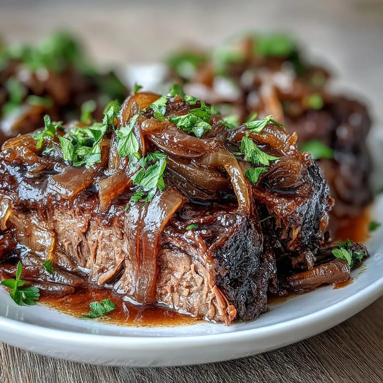 Crock Pot French Onion Pot Roast served over mashed potatoes with fresh thyme