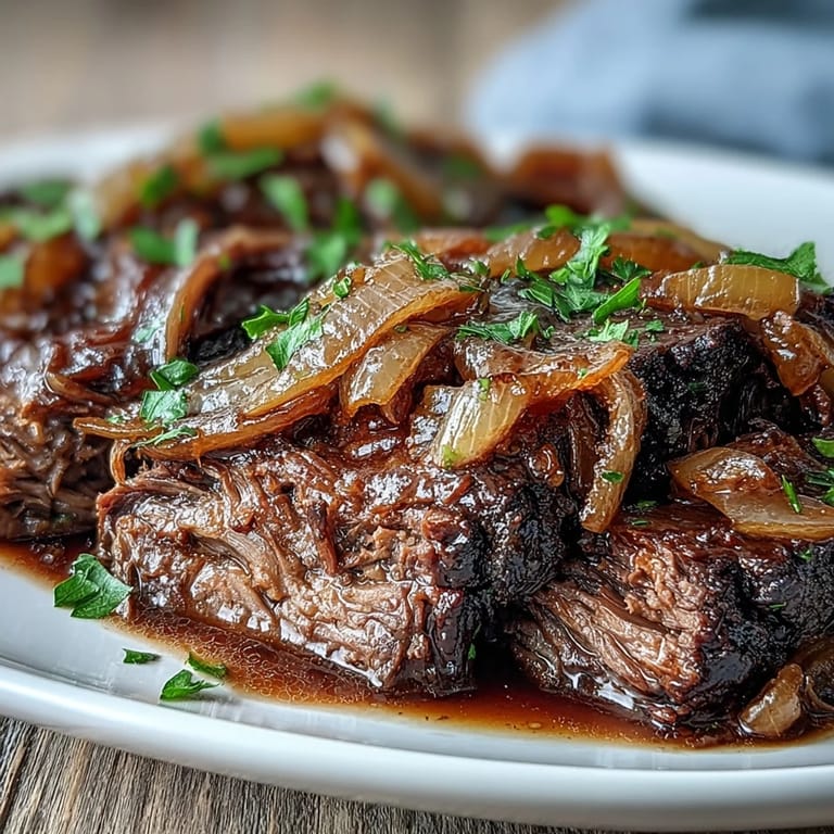 Savory Crock Pot French Onion Pot Roast simmering with wine sauce and sweet onions