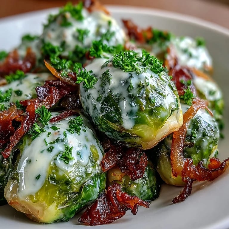 A skillet of Brussels Sprouts in Cream Cheese-Mustard Sauce alongside roasted chicken, offering a rich, aromatic dinner.