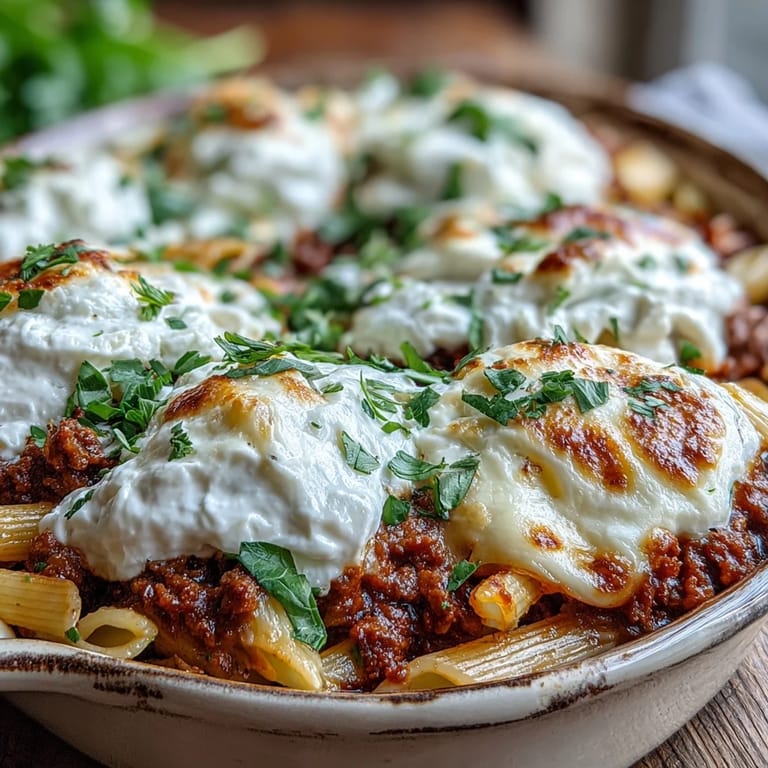 Close-up of Cottage Cheese Protein Pasta Bake with golden, bubbly cheese topping, served alongside a simple green salad.