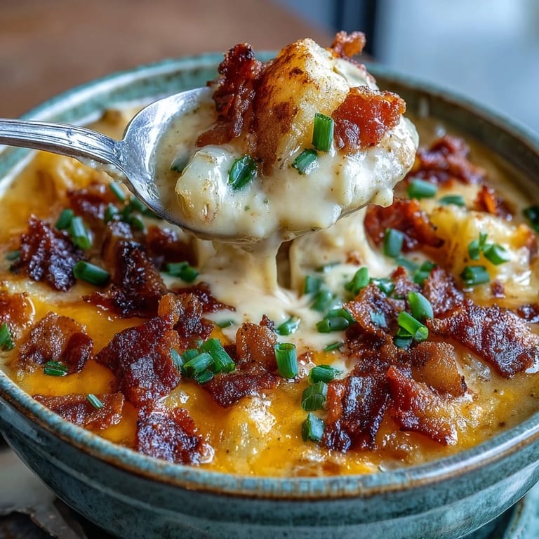 A steaming bowl of Loaded Potato Soup served with crusty bread, melted cheddar, and crumbled bacon on top.