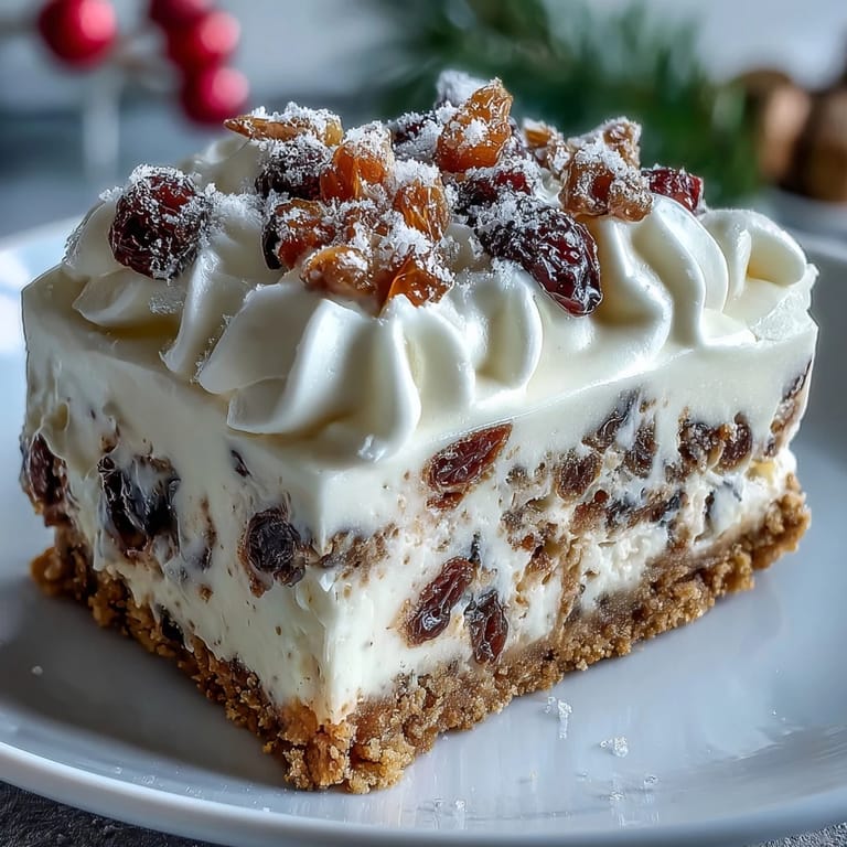 A close-up of the Christmas Cheesecake Slab reveals a creamy spiced filling and a golden digestive biscuit crust base.