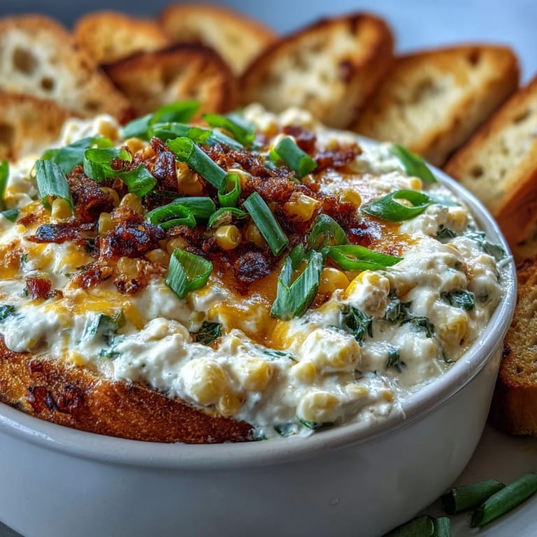 Creamy Crack Corn Dip served warm, featuring sweet corn kernels and chopped green onions alongside a pile of tortilla chips.