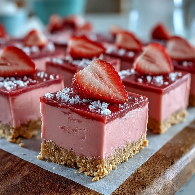 No-Bake Strawberry Fudge Squares garnished with fresh strawberry slices and a sweet glaze.