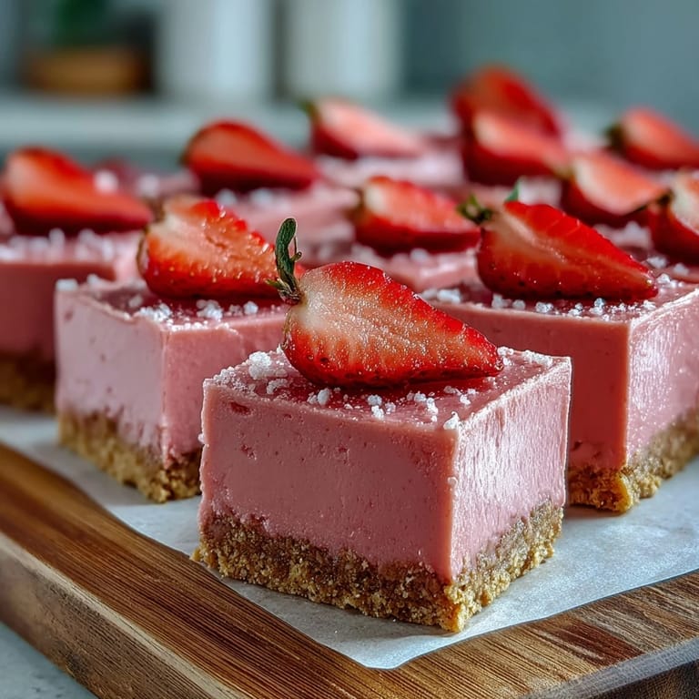 Easy No-Bake Strawberry Fudge Squares ready to serve on a rustic wooden board.