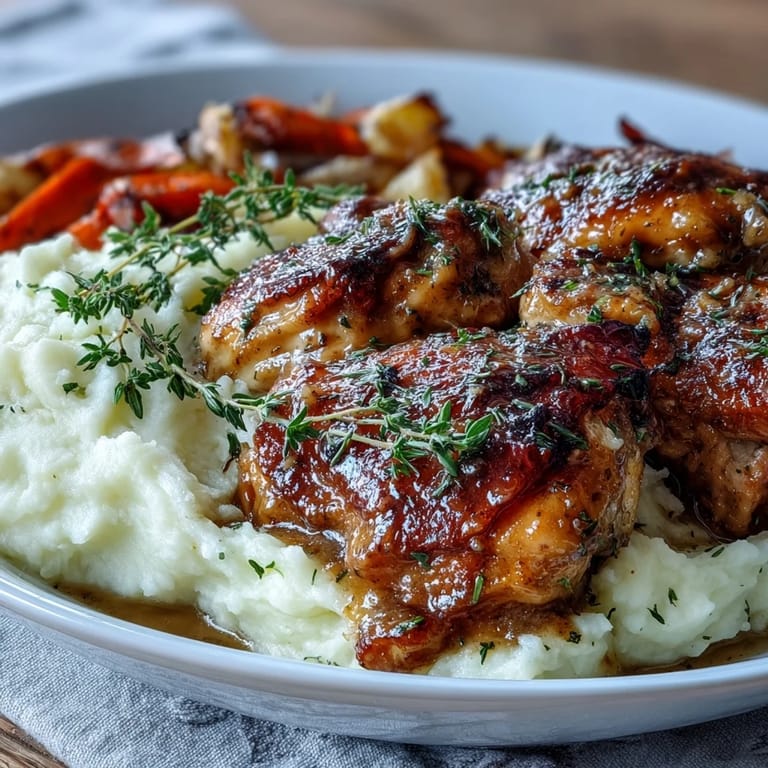 Slow-cooked, juicy chicken breasts smothered in a golden honey mustard glaze, garnished with fresh thyme and paired with roasted vegetables.