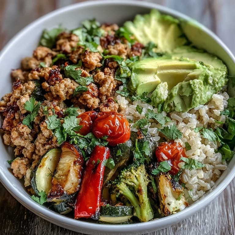 Roasted zucchini, broccoli, and cherry tomatoes mixed with seasoned ground turkey and fluffy quinoa in a bowl topped with sliced avocado and parsley.