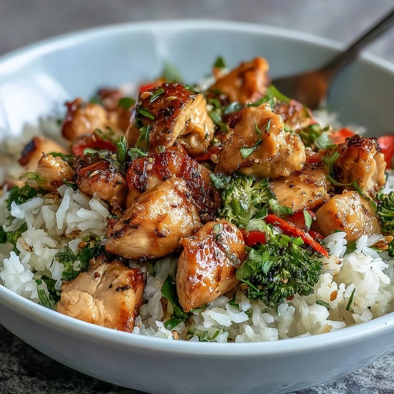 Tender chicken pieces and crisp vegetables mingle in a hot skillet, ready to be served over fluffy steamed rice.