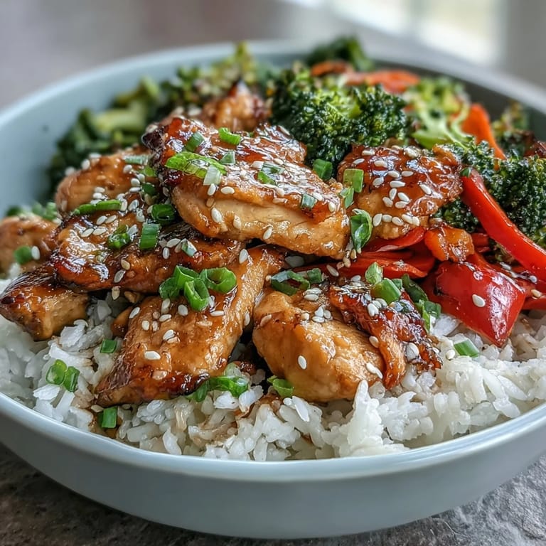 A close look at tender Honey Garlic Chicken Bowl garnished with fresh scallions and sesame seeds.