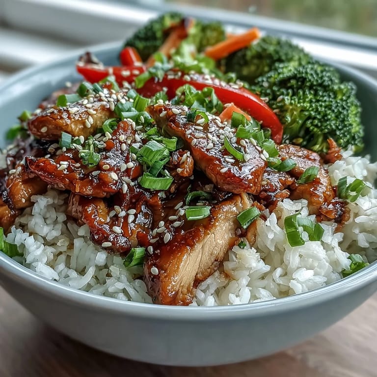 Golden chicken pieces coated in sticky honey garlic sauce rest on steamed rice with colorful bell pepper strips.