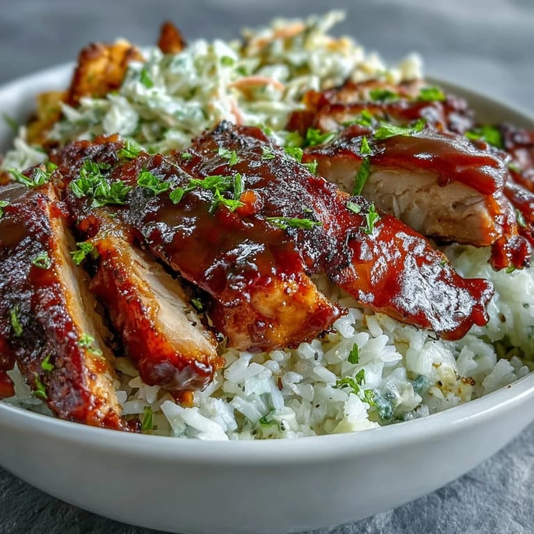 Savory BBQ Chicken Bowl featuring tender chicken, white rice, crunchy slaw, and roasted red peppers and zucchini.