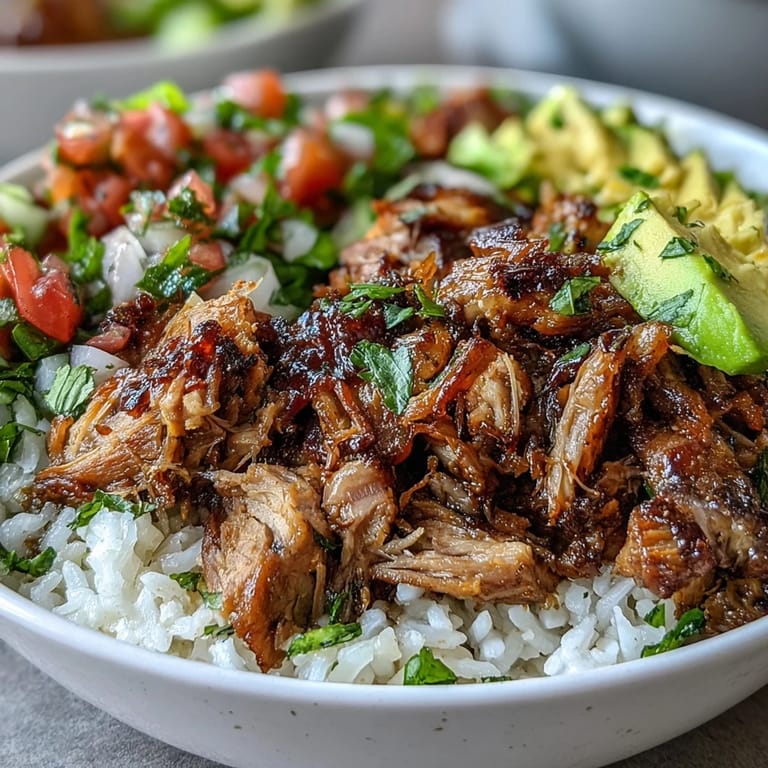 Close-up of a warm carnitas bowl with juicy pork, vibrant salsa, and sliced avocado garnish.